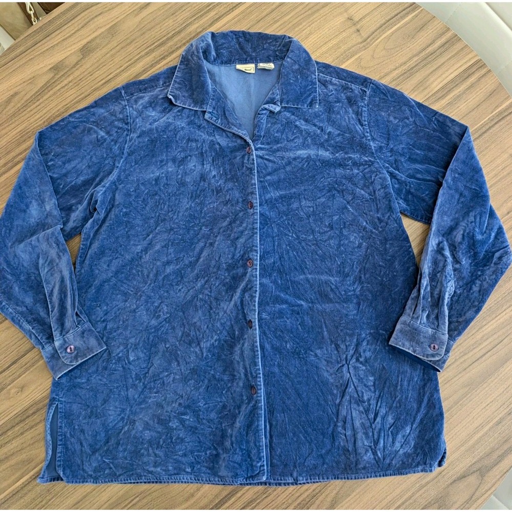 L.L.Bean Women's L Blue Crushed Velvet Button Front Shirt Tunic Long Sleeve